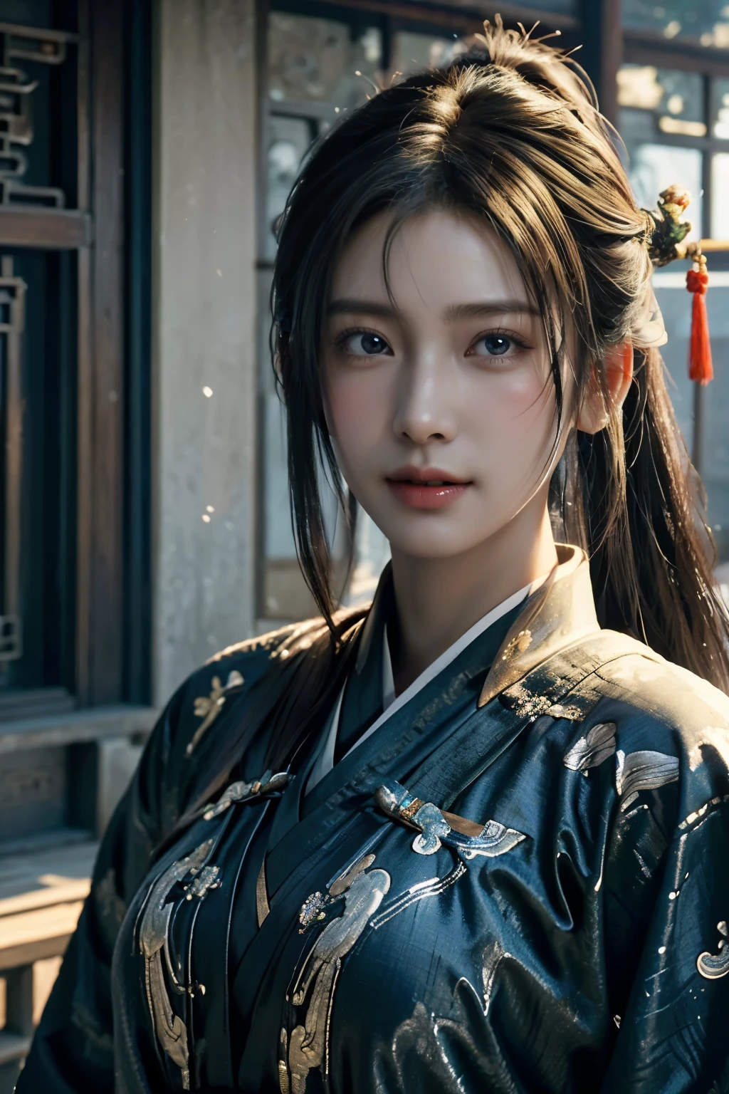 Game art，The best picture quality，Highest resolution，8K，(A bust photograph)，(Portrait from bust:1.5)，(Head close-up)，(Rule of thirds)，Unreal Engine 5 rendering works， (The Girl of the Future)，(Female Warrior)， 
20岁少女，(The warrior in ancient China)，(Short ponytail hairstyle)，An eye rich in detail，(Big breasts)，优雅高贵，冷漠，(Smile)，
(The costume of Chinese swordsman elements，Costumes of ancient Chinese characters，A random pattern of clothing，Ribbon，Joint Armor，Rich dress details)，(Chinese Hanfu:1.3)，人物，奇幻风格，
拍照姿势，野外背景，Movie lights，Ray tracing，Game CG，((3D Unreal Engine))，oc渲染反射纹