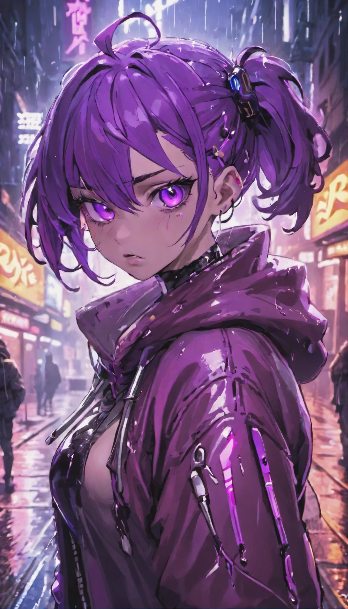 8k,fotografia de close-up,mulher de 20 anos cyberpunk confiante com cabelos roxo curto,olhos roxo,prodigy genius,usando um capuz com desenhos roxos, on a rain-soaked street at night, fotorrealista, Cinematic lighting,badass,olhar imponente,upper body,