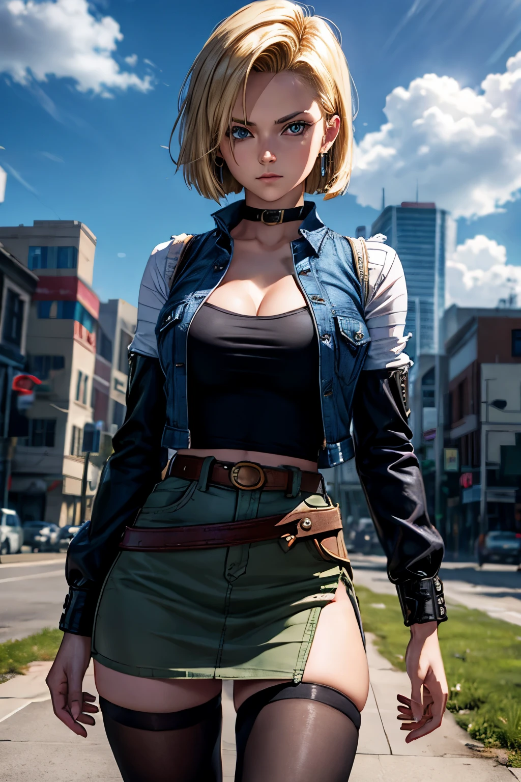 android 18, android 18, blonde hair, blue eyes, eyelash, hoop earrings, short hair, earrings, break belt, black legwear, black shirt, breast pocket, cleavage, clavicle, denim, denim skirt, high-waist skirt, jewelry, long sleeve, pocket, shirt, shirt tucked in, skirt, striped, striped sleeves, waistcoat,, break outdoors, city, null, cloud, sun, break looking at viewer, (cowboy shot:1.5), break (masterpiece:1.2), highest quality, High resolution, unity 8k wallpaper, (figure:0.8), (beautiful and fine eyes:1.6), highly detailed face, perfect lighting, Very detailed CG, (perfect hands, perfect anatomy)