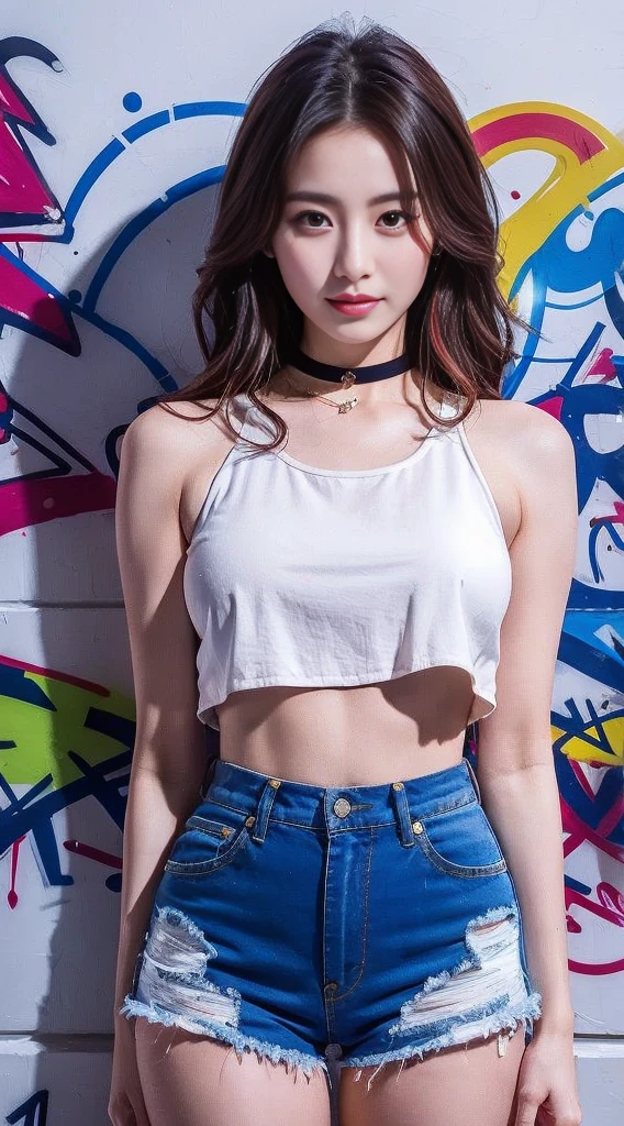 arafed asian woman in a white tank top and denim shorts, korean girl, gorgeous young korean woman, beautiful south korean woman, korean women's fashion model, korean idol, full body xianxia, photo of slim girl model, beautiful young korean woman, beautiful girl model, sexy girl, gorgeous chinese model, instagram model, crop top, beautiful model girl