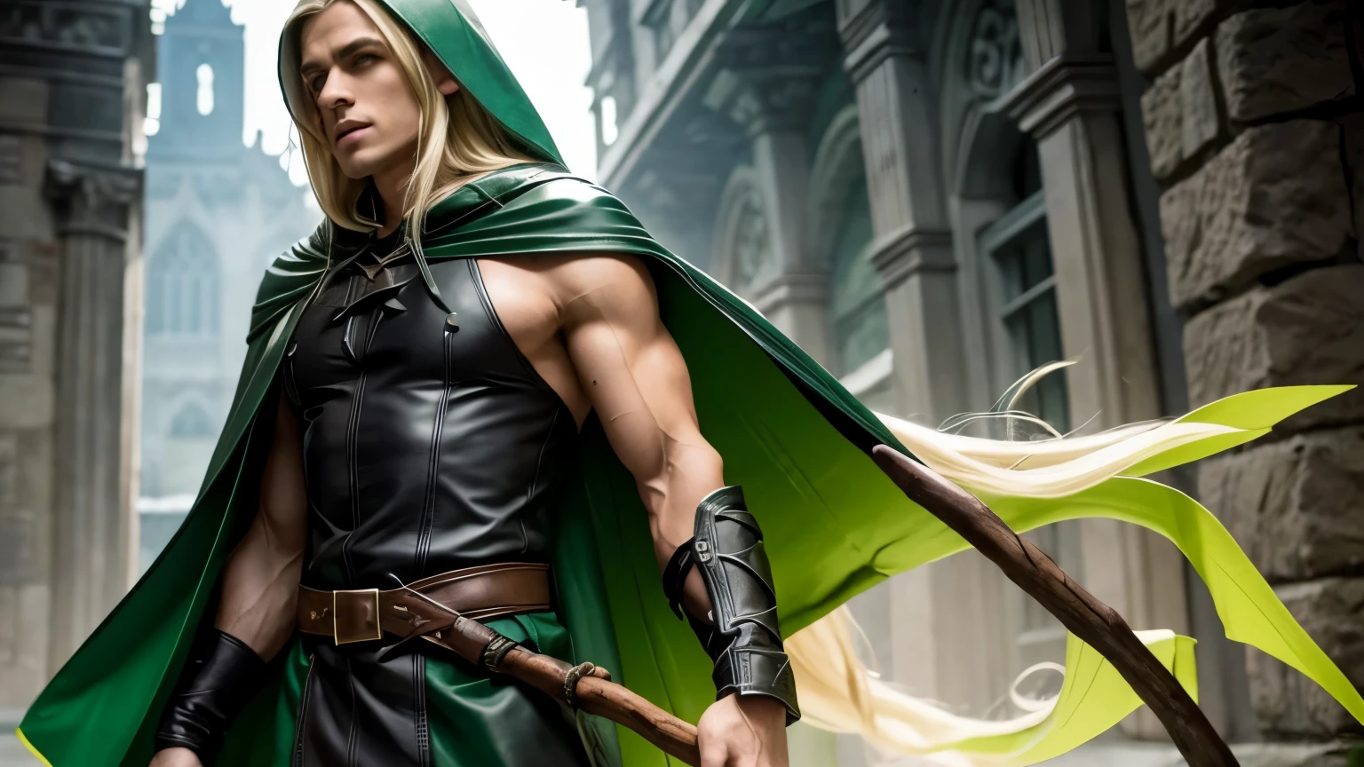 male elf, detailed elf ears, skinny, toned muscles, long braided blonde hair, green leather cape, green leather hood, black leather robe, full body view, oak staff, 