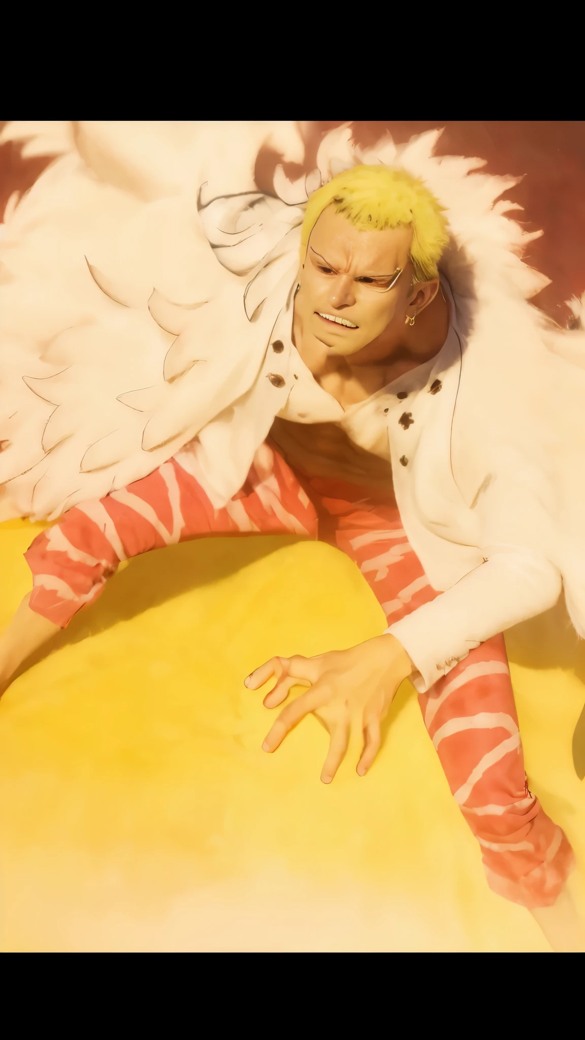 ((masterpiece:1.4, best quality)), ((masterpiece, best quality)), (photo realistic:1.4), male, muscle male, doflamingo, boa_coat, sunglasses, blonde_hair, open shirt, (pointed sunglasses), veins, pirate ship, sky, jump, dynamic pose, beast pose, professional lighting, physically-based rendering