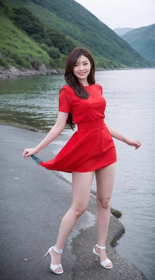 detailed,clear lines,best quality, master piece,Bright and dark light、Canon Photo Crystal Clear ,（realistically:1.2）, (red casual mini skirt dress)、action pose、Take a full body photo、A sloppy smile、Glamour body type、medium long hair、((Wind))、valley、step into the river