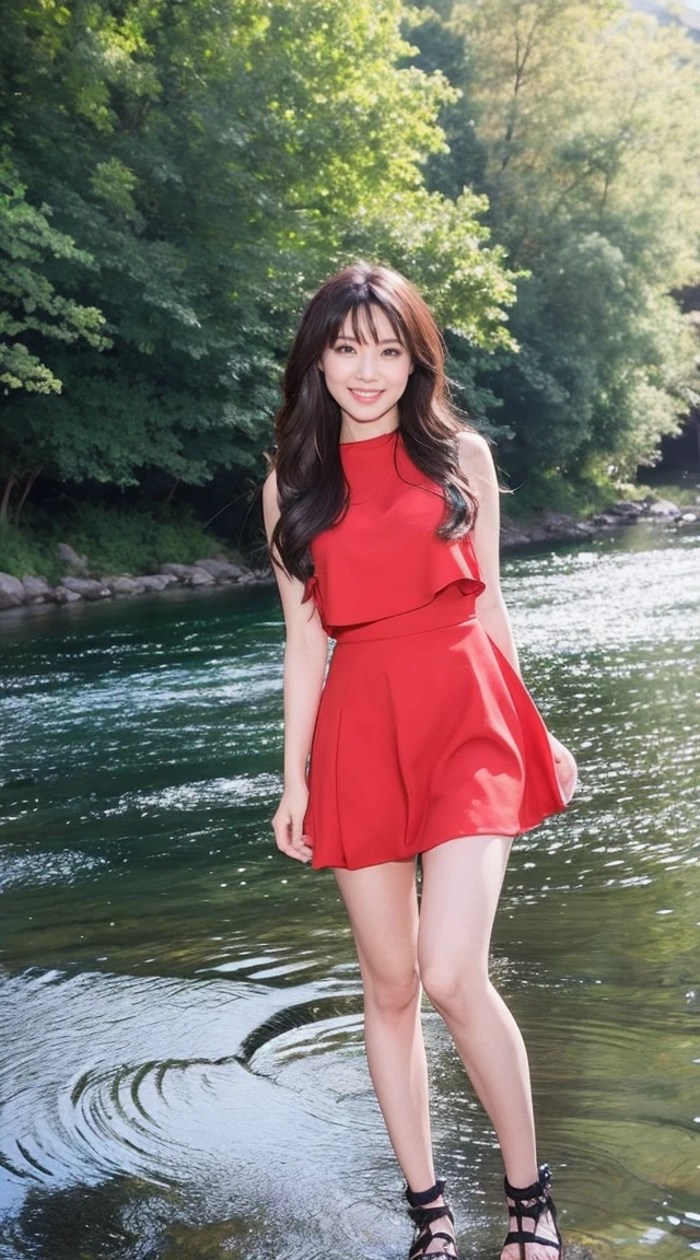 detailed,clear lines,best quality, master piece,Bright and dark light、Canon Photo Crystal Clear ,(realistically:1.2), (red casual mini skirt dress)、action pose、Take a full body photo、A sloppy smile、Glamour body type、medium long hair、((Wind))、valley、step into the river