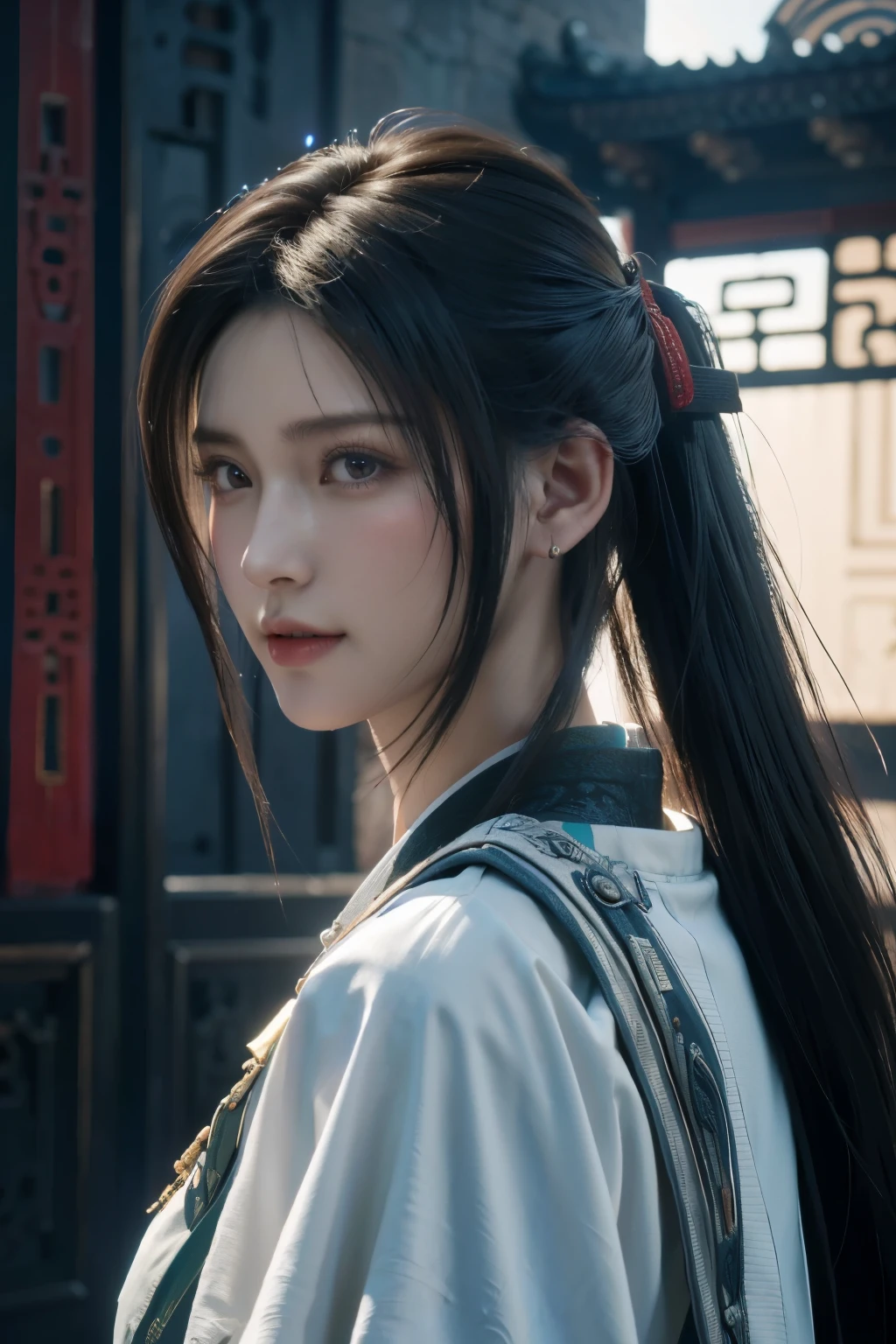 Game art，The best picture quality，Highest resolution，8K，(A bust photograph)，(Portrait from bust:1.5)，(Head close-up)，(Rule of thirds)，Unreal Engine 5 rendering works， (The Girl of the Future)，(Female Warrior)， 
20岁少女，(The warrior in ancient China)，(Short ponytail hairstyle)，An eye rich in detail，(Big breasts)，优雅高贵，冷漠，(Smile)，
(The costume of Chinese swordsman elements，Costumes of ancient Chinese characters，A random pattern of clothing，Ribbon，Joint Armor，Rich dress details)，(Chinese Hanfu:1.3)，人物，奇幻风格，
拍照姿势，野外背景，Movie lights，Ray tracing，Game CG，((3D Unreal Engine))，oc渲染反射纹