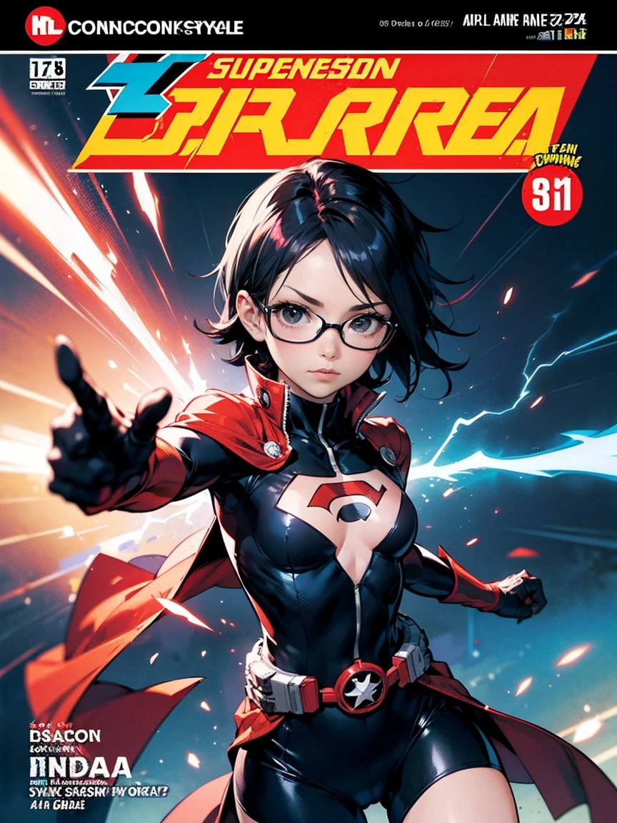 (Sarada Uchiha,bodysuit, Estilo de capa de quadrinhos)，Comic book cover title,super hero land,city, action,fight,(((Comic book cover style,Sarada Uchiha,short hair,black eyes))),explosions,purple,lightning,wearing prescription glasses,orange,red,pink,tactical clothing,small,((short hair,fighting,superhero outfit,confidentexpression))