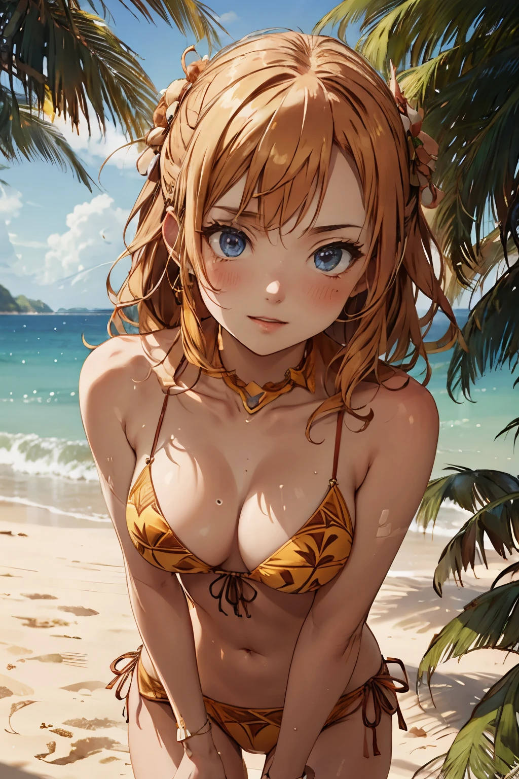 Beautiful Alluring summer taned young island woman, Barely Clothed, patterned mikro bikini, taned skin, athletic body, orange blonde hair, hair ornaments, flowers, at a tropical beach, Beautiful D&D Character Portrait, tropical Fantasy,  tropical theme, Detailed, Digital Art, Extreme Detail, Polished, Beautiful, Hyperdetailed, Intricate, Elaborate, Meticulous, Anime Character, Detailed, Anime Face, Sharp Focus, Unreal Engine, 3d Rendered, Volumetric Lighting, Reflections, Glossy, Digital Illustration, Pose, Suggestive Pose, Full Body Shot, 💖❤💕💋❣