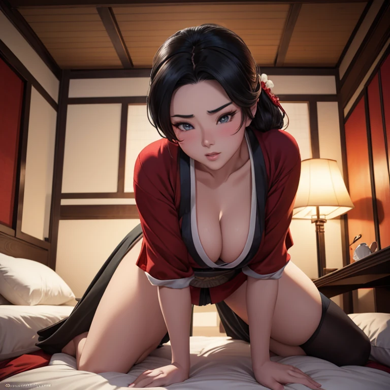 The guy is on his knees and fucks Mulan on the bed, Mulan is on all fours and enjoys a big dick, Passionate Sex, doggystyle