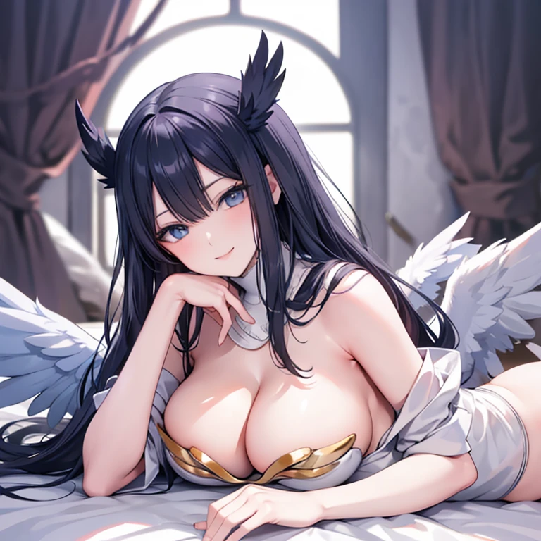 Black hair, blue eyes, large breasts, sexy, beautiful body, masterpiece, bed, smile, angel wings