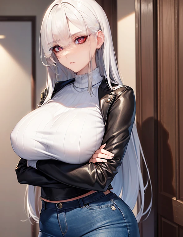 (Best quality, 4k, Masterpiece :1.3, 8k, ultra-detailed, ultra-masterpiece), mature pretty woman, ultra-detailed face, detailed lips, full lips, detailed eyes, double eyelid, wide hips, thick thighs, smooth skin, (big breasts:1.4), ((white hair)), ((red eyes)), ((thicc body)), tall, skinny jeans and a black leather jacket over a white tank top, (Looking at you with disdain), crossed arms, Stopped at the doorstep, hallway room background, door in the background, ((white sweater top)), leather jacket over it