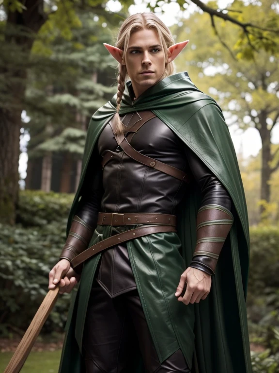 male elf, detailed elf ears, skinny, toned muscles, long braided blonde hair, green leather cape, green leather hood, black leather robe, full body view, vertical oak staff,