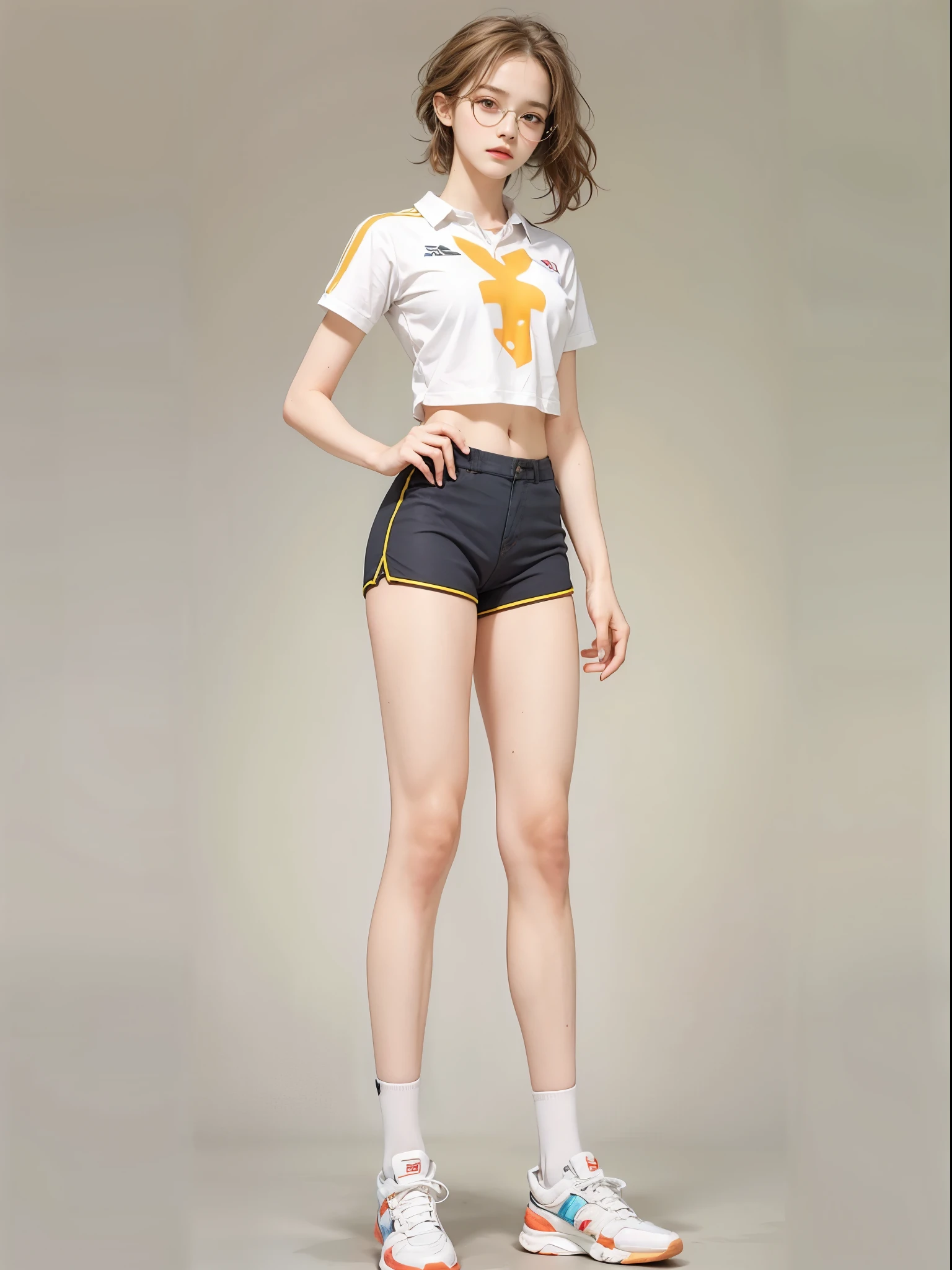 masterpiece, best quality, realistic, colorful, delicate, sharp focus, (PureErosFace_V1:0.5), (detailed beautiful delicate face, high detailed skin, skiny and thin:1.3), 1girl, 17 years old, tall, (smooth_abs:1.55), (abs:0.5), pretty, masterpiece, highres, (long_skinny_legs), (straight_legs), (skinny_waist), (((fair skin))), white skin, (((pale skin))), sports Bandeau, (school_uniform:swim_suits:0.5), yellow shorts, standing legs apart, chestnut brown hair, looking at viewer, yellow sports shoes, glasses, (Emma_watson), big_breast, (((Caucasian)))