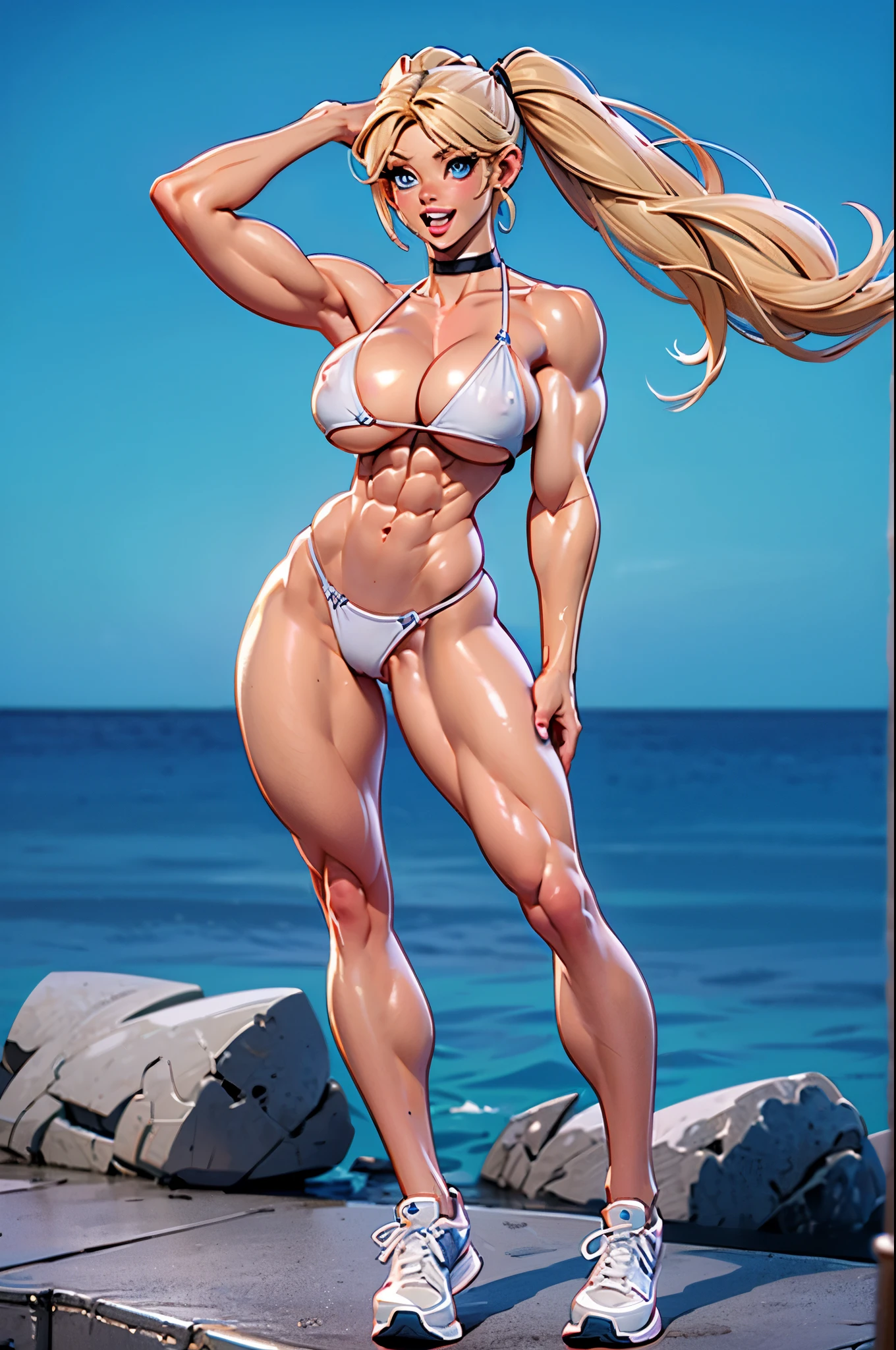 muscular Caucasian girl, tan body, skinny body, fitness model physique, (extremely lean body:2.0), tiny waist, narrow waist, (thin:2.0), round breasts, hard nipples, pointy nipples, long blonde hair, (hair in pigtails:1.0), beautiful face, cute face, gorgeous face, pretty eyes, young, outdoor, outdoor park, noon, direct sunlight, perfect skin, naked, (undersized white micro bikini:1.0), wearing tiny white thong, (no pants:1.0), nipples poking through bikini top, open mouth, white teeth, plump lips, zero body-fat, small areola, wearing black choker on neck with silver ring, 8 pack abs, washboard abs, ripped body, fitness bimbo, oiled skin, shiny skin, nude, lightweight, feminine, veiny, (narrow hips:1.5), long legs, (SPHERE SHAPED BREASTS), LONG NIPPLES, arched back, ENORMOUS NIPPLES, hairless genitals, eye contact, perky breasts, best quality, (arched back:1.0), (shoulders back:1.0), arms up, hands behind head, sexy, pierced nipples, large breasts, full body image, wearing white running shoes, standing on tip toes