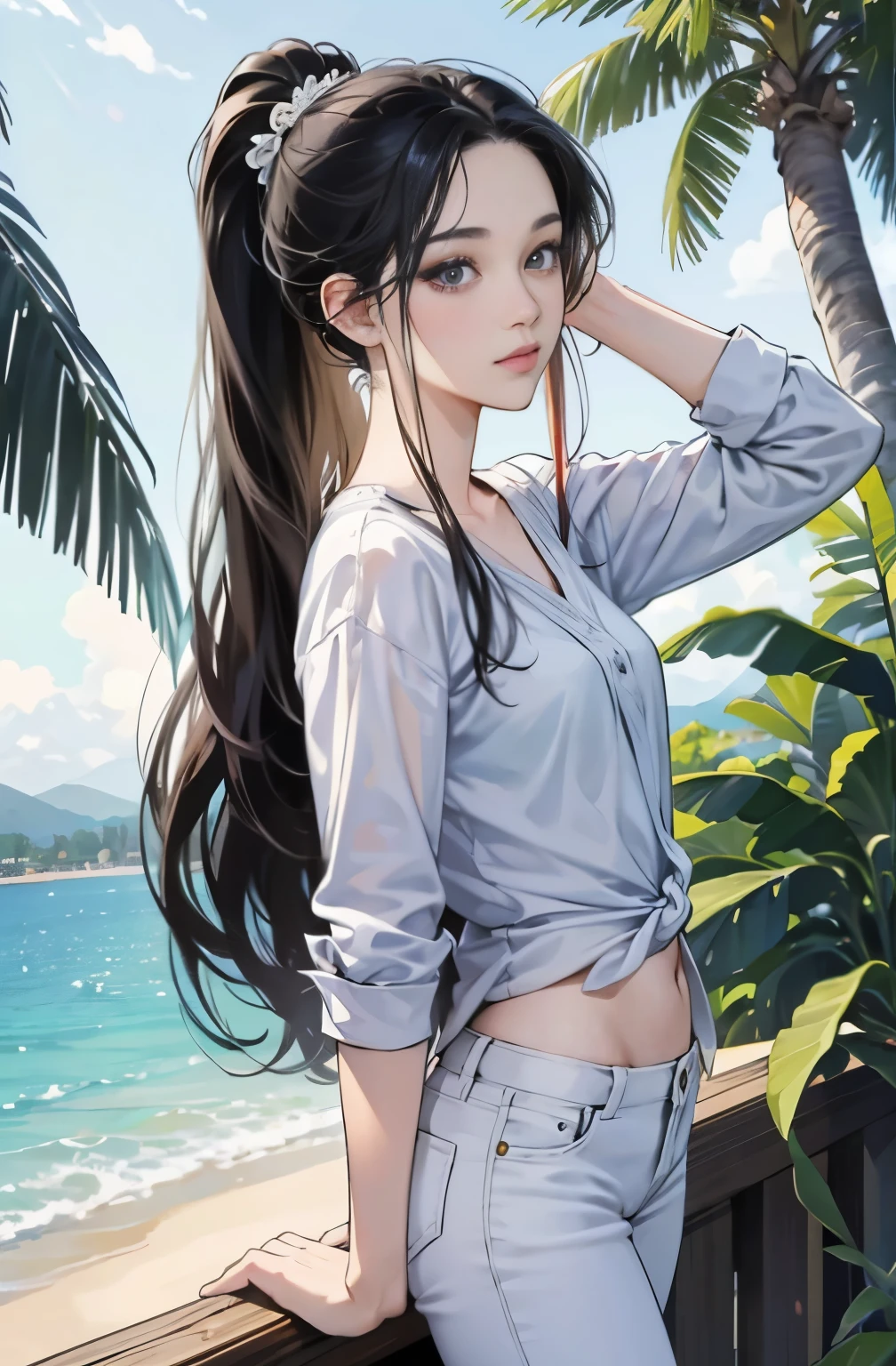 woman with long black hair ponytail, Anime drawing by Yang J, pixiv, serial art, anime style 4 k, anime style. 8K, Gwaites style artwork, Realistic anime 3d style, anime style illustration, high quality anime art style, digital anime illustration, realistic anime art style, anime art style, very colorful, pop feel, in.s. west coast, summer image, coconut tree, seaside, Adult woman around 27 years old, Very sophisticated, It will be, wearing a white blouson, Black jeans Tall and skinny supermodel body type, Lofty dream, mysterious, cool beauty, it will happen, Anime drawing by Yang J, Trending at Art station, realism, extremely detailed The germ of art, Realistic anime 3D style, anime style 4 k, モデルまin | The germ of art, anime style. 8K, casual clothes, realistic anime art style, style The germ of art, sharp outline, highest quality, perfect angle, perfect composition, The perfect subject, best shot, official art，CD jacket, 80s city pop, very stylish