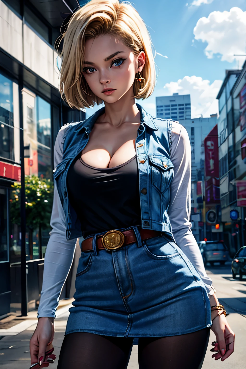 android 18, android 18, blonde hair, blue eyes, eyelash, hoop earrings, short hair, earrings, break belt, black legwear, black shirt, breast pocket, cleavage, clavicle, denim, denim skirt, high-waist skirt, jewelry, long sleeve, pocket, shirt, shirt tucked in, skirt, striped, striped sleeves, waistcoat,, break outdoors, city, null, cloud, sun, break looking at viewer, (cowboy shot:1.5), break (masterpiece:1.2), highest quality, High resolution, unity 8k wallpaper, (figure:0.8), (beautiful and fine eyes:1.6), highly detailed face, perfect lighting, Very detailed CG, (perfect hands, perfect anatomy)