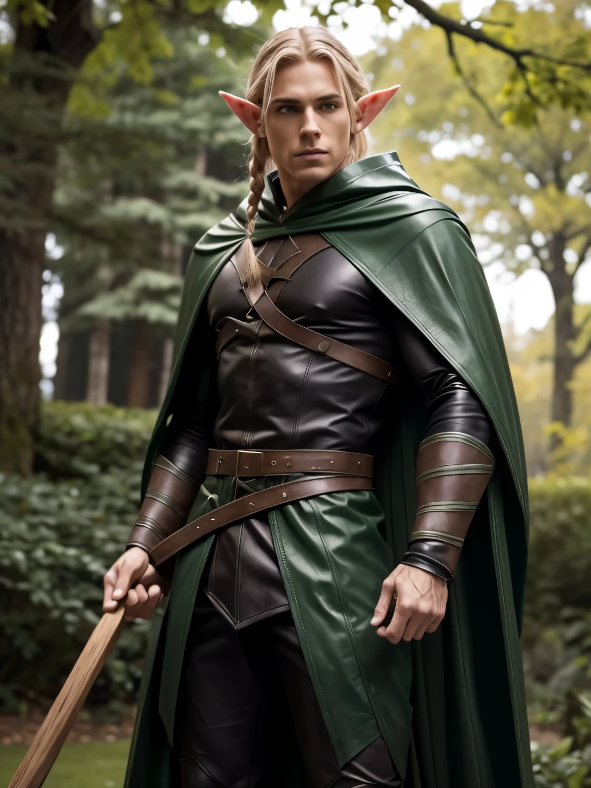 Half ELF half elf half man who is 1m75 tall he is a ranger he wears a black cape with a hood green pants a brown turtleneck a leather bracelet with brown eyes brown hair straight from the middle