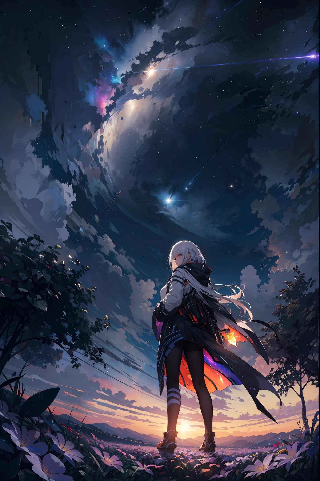 A woman standing on a hill looking at the sky with a star in the ...
