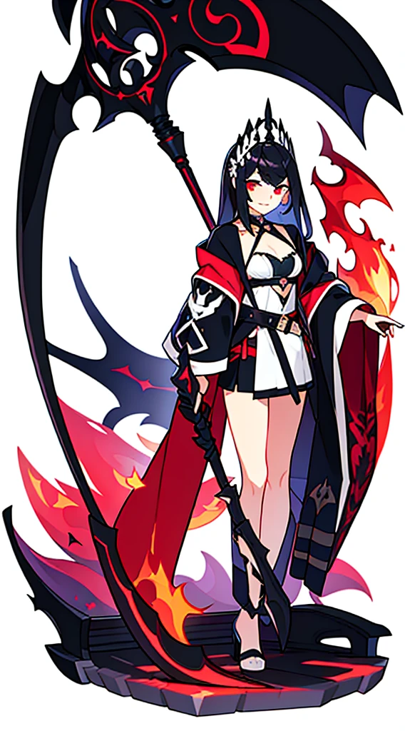 scythe, bare legs, bustier, (((white background))), standing, fantasy clothes, midriff,