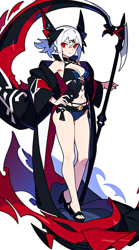 bustier, (((white background))), standing, fantasy clothes, scythe, bare legs,
