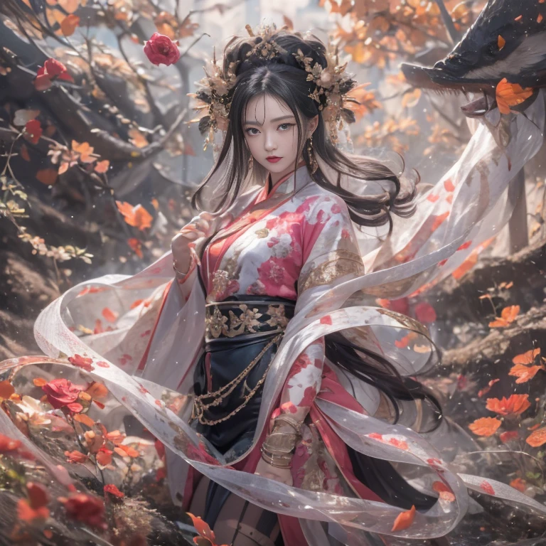 8K,vLong flowing black hair, ponds, zydink, a color, Aozhou people (Concubine girl),(Silk scarf), Combat posture, looking at the ground, Floating hair, Carp pattern headdress, Chinese long-sleeved clothing, (abstract ink splash:1.2), Pink petal background,Pink and white roses fly(realisticlying:1.4),Black color hair,Fallen roses flutter,The background is pure, A high resolution, the detail, RAW photography, Sharp Re, Nikon D850 Film Stock Photo by Jefferies Lee 4 Kodak Portra 400 Camera F1.6 shots, Rich colors, ultra-realistic vivid textures, Dramatic lighting, Unreal Engine Art Station Trend, Long flowing black hair