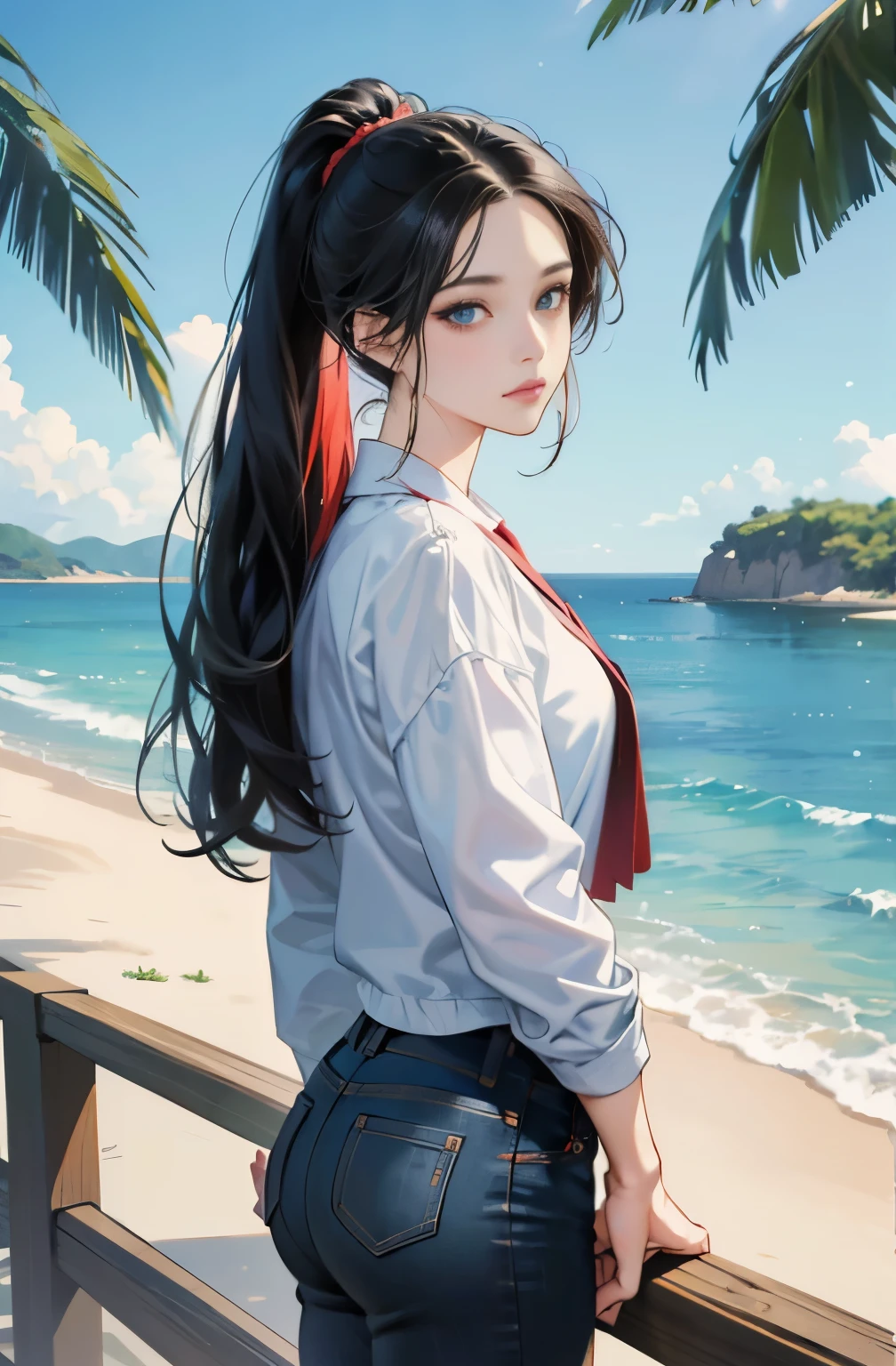 woman with long black hair ponytail, Anime drawing by Yang J, pixiv, serial art, anime style 4 k, anime style. 8K, Gwaites style artwork, Realistic anime 3d style, anime style illustration, high quality anime art style, digital anime illustration, realistic anime art style, anime art style, very colorful, pop feel, in.s. west coast, summer image, coconut tree, seaside, Adult woman around 27 years old, Very sophisticated, It will be, Wearing a blouson, Black jeans Tall and skinny supermodel body type, Lofty dream, mysterious, cool beauty, fashion role model, it will happen, Anime drawing by Yang J, Trending at Art station, realism, extremely detailed The germ of art, Realistic anime 3D style, anime style 4 k, モデルまin | The germ of art, anime style. 8K, casual clothes, realistic anime art style, style The germ of art, sharp outline, highest quality, perfect angle, perfect composition, The perfect subject, best shot, official art,CD jacket, 80s city pop, very stylish