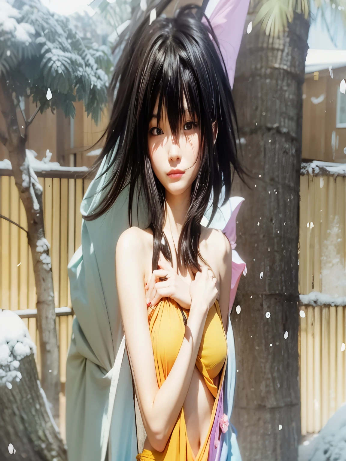 Girl with black hair, yellow cloth