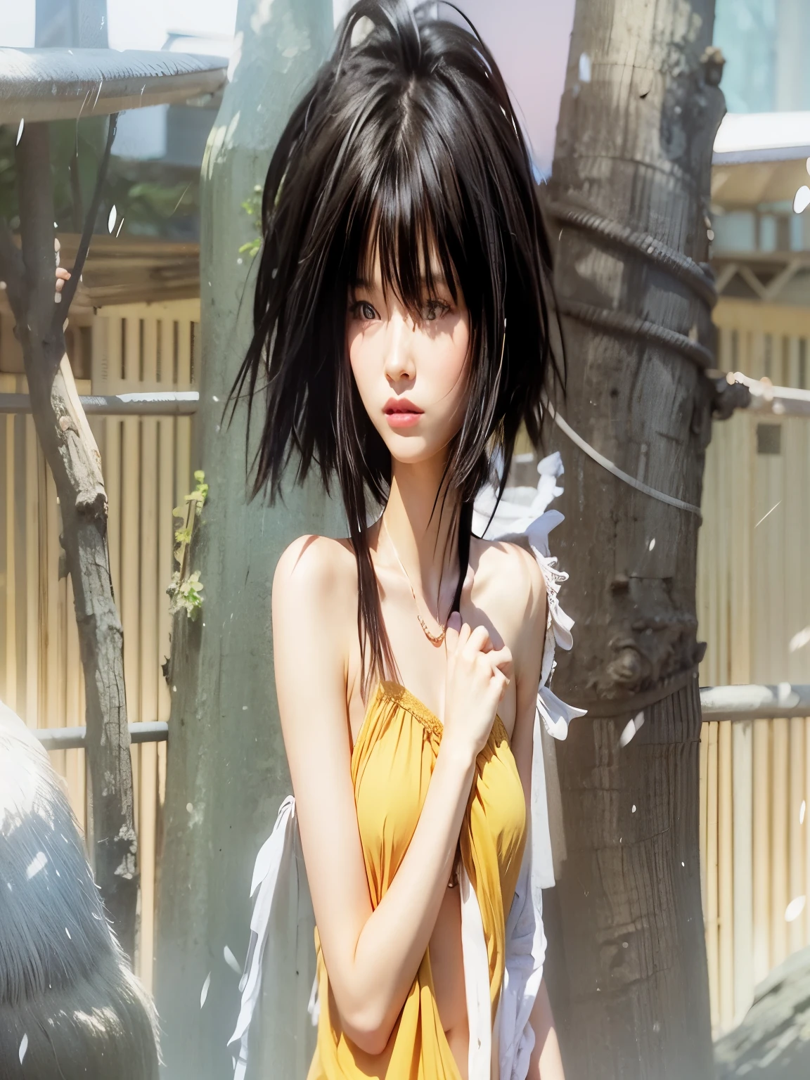 Girl with black hair, yellow cloth