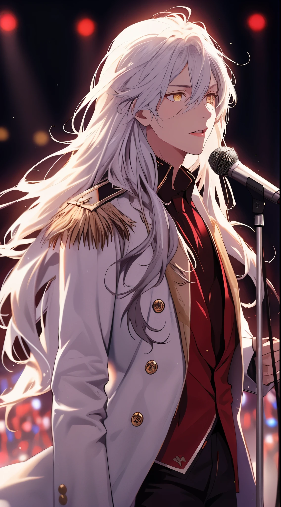 Beautiful young man, silver hair, long hair, yellow eyes, waist belt, dark contrast trim, white military style jacket, delicate embroidery, holding microphone, live music venue in background, red stage lights,high quality, amount of drawing, pixiv illustration>