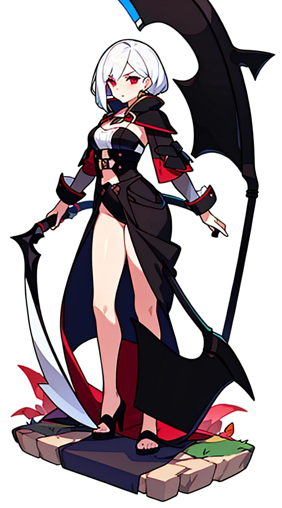 bustier, (((white background))), standing, fantasy clothes, scythe, bustier, bare legs,
