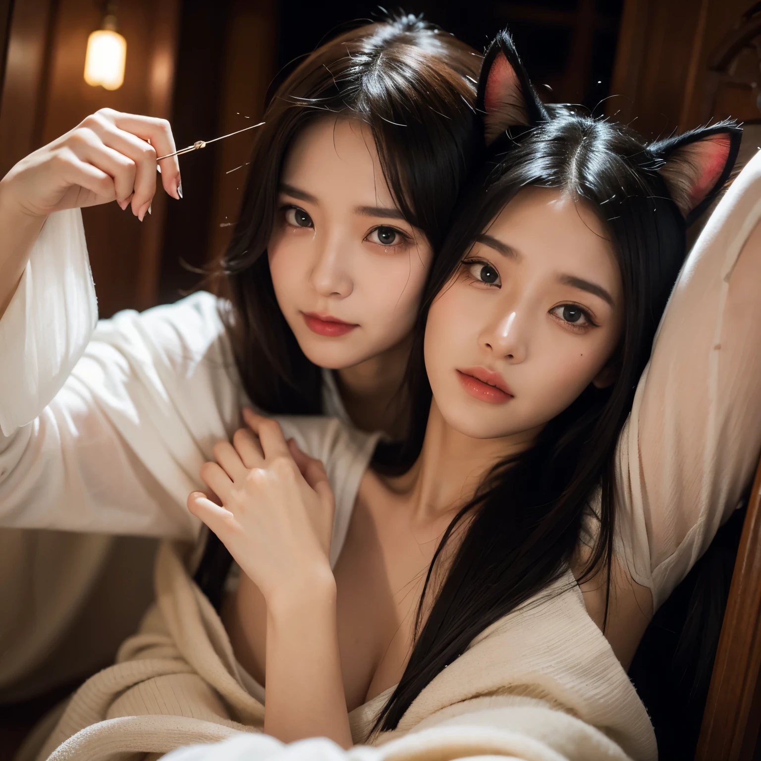 ((highest quality)), ((masterpiece)), (detailed chest), perfect face、(((nude)))、slender body、smile、bed、((((two beauties kissing))))、(Cat ear)