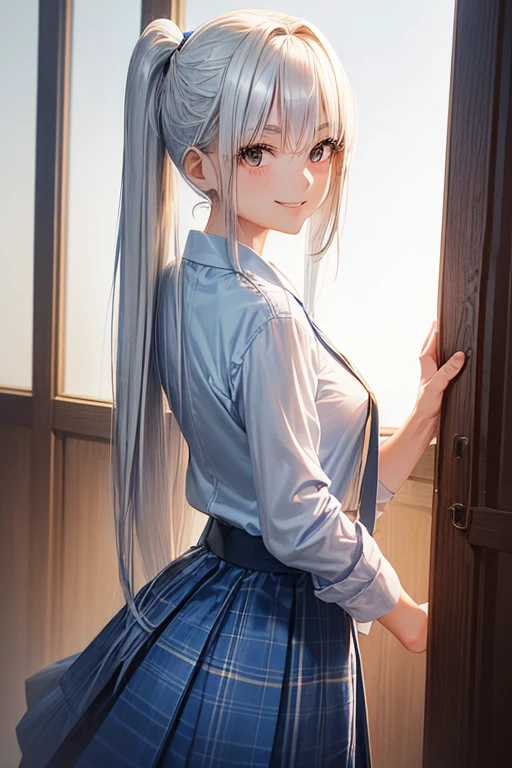 A 22 years old university student Japanese girl ((slender, small breast)), beige wavy short ponytail (( very short, extra long swept forelock:1.4 )), monotone very long skirt, blue tartan chesterfield coat, T-shirt ((blue, gradient white shirt:1.3)), smile calmly and gently,left hand folds her right hand ,(( brown smiling eyes )), ((looking back pose))