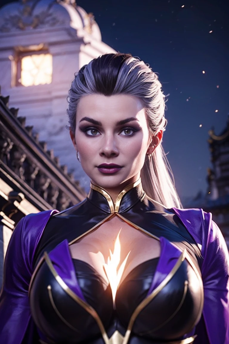 Linda, tia, flawless face, pele perfeita, Sindel,cabelo grisalho, Cabelo da Sidel, long pulled back hair, long slicked back hair, cabelos multicoloridos, Traje Sindel roxo e preto, in escuro purple temple, colunas grandes, escuro, Pitch black night sky,Dynamic Posture