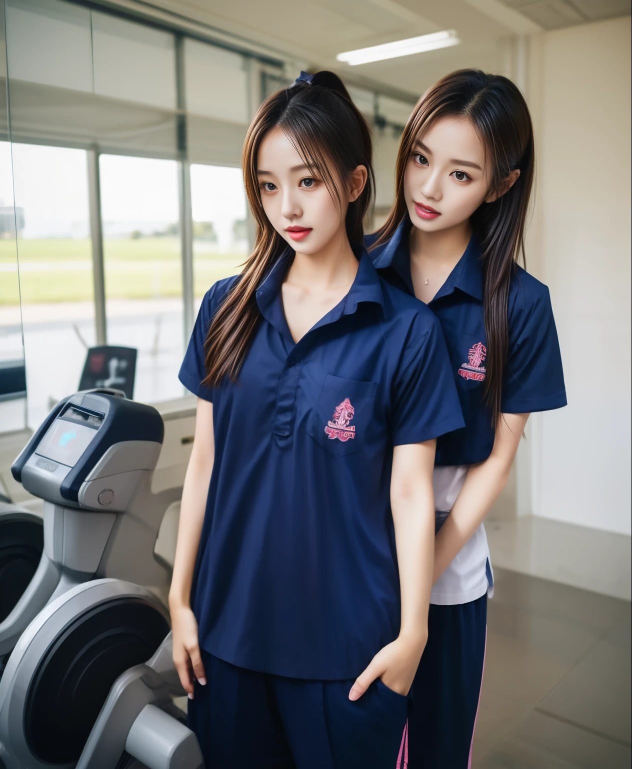 2 girls in the fitness room, Navy blue short-sleeved shirt,Navy Long Trackpant,Sweatpants, Sweatpantsขายาว,25 year old girl, lesbian, sexy, exercise clothes, wet body