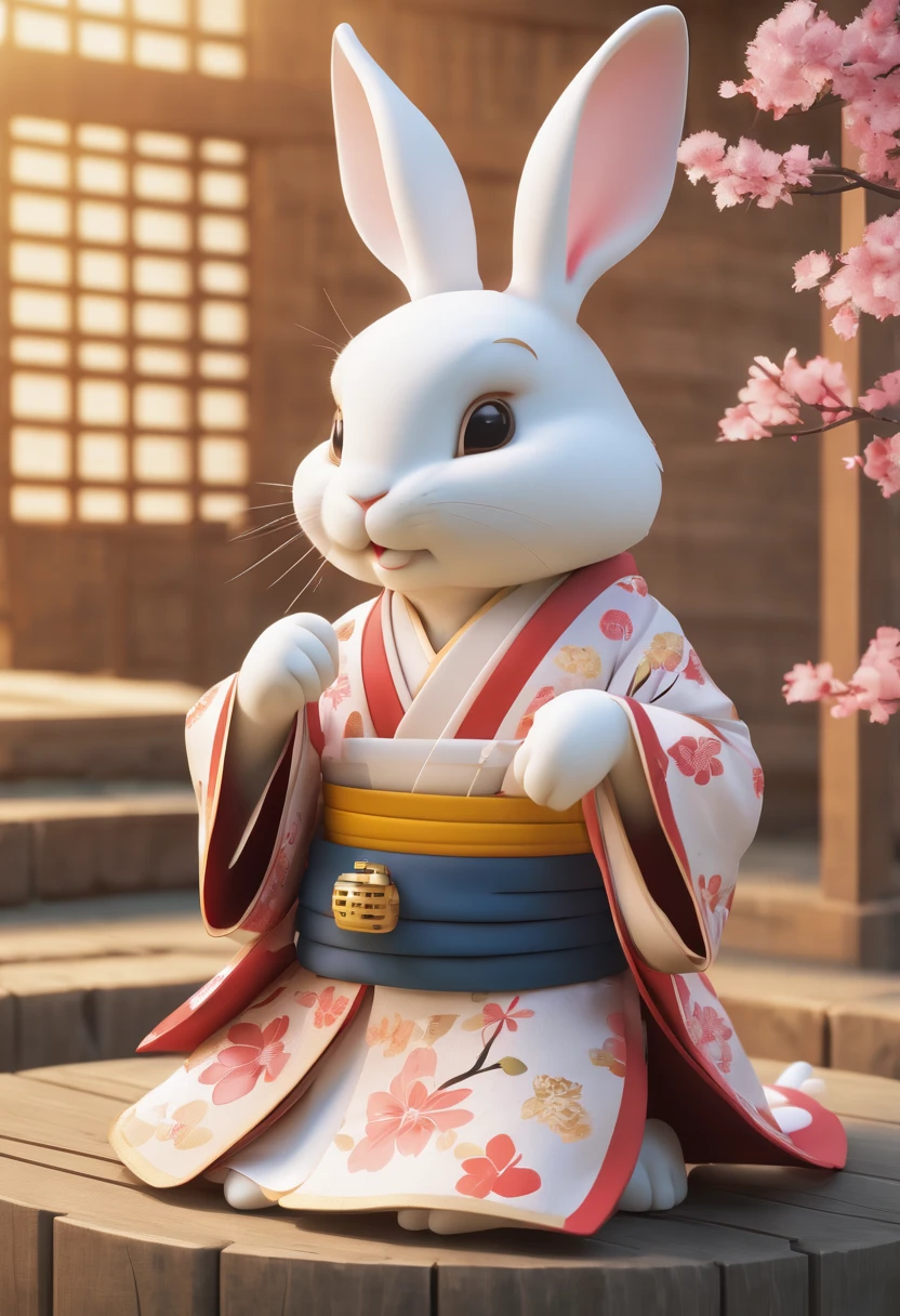 cute white rabbit3D image、wearing a kimono、thinking about something fun、brings happiness、smile、The background is a golden shrine