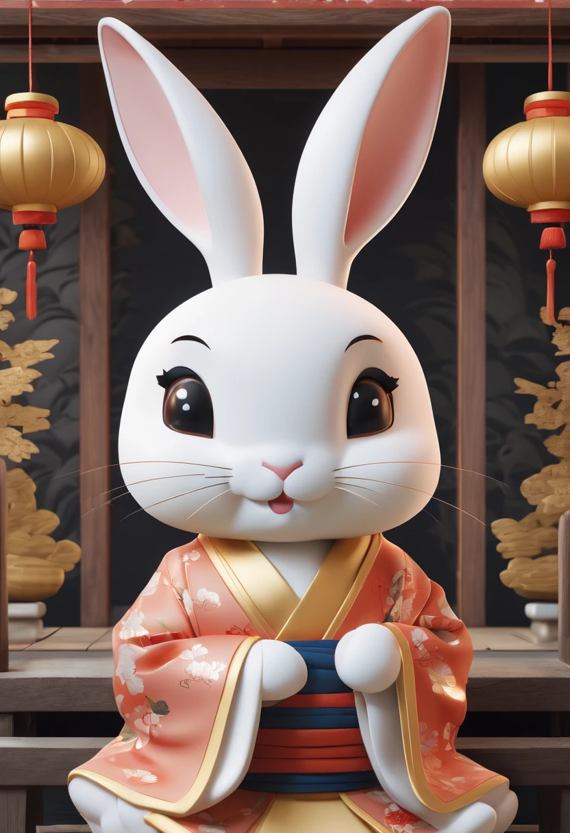 cute white rabbit３D image、wearing a kimono、thinking about something fun、brings happiness、smile、The background is a golden shrine