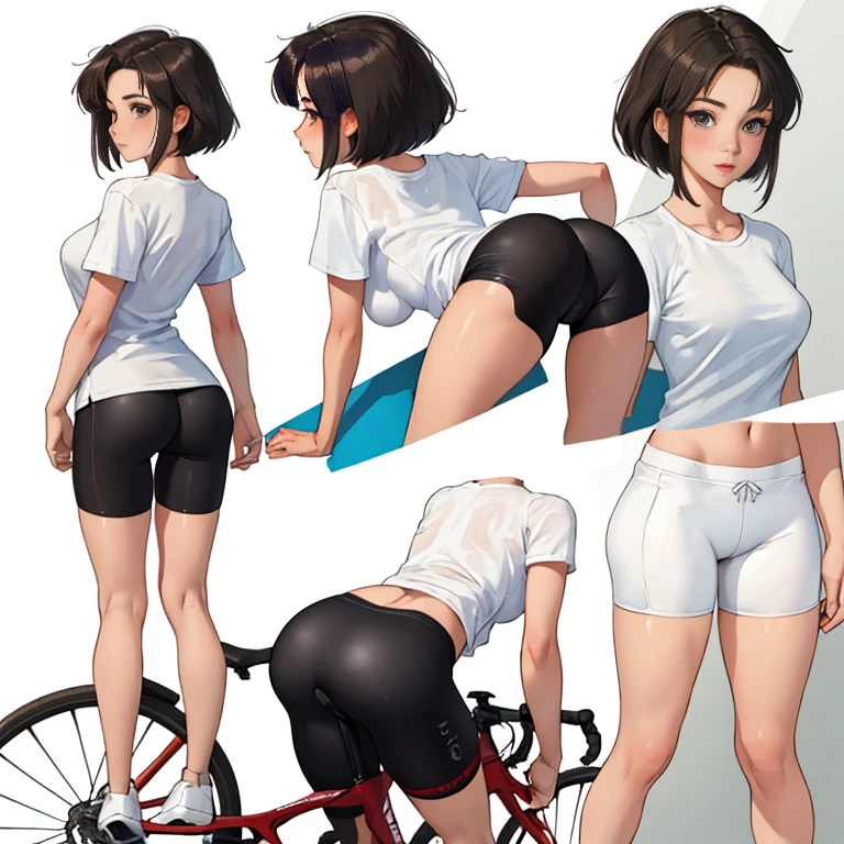 (masterpiece, best quality), 1girl, beautiful face, Videl, white shirt, bike shorts,, white shirt, bike shorts, short hair, messy hair, Backwards , Whole body, Big ass, 1girl, sola, Big ass, perfec anatomy,