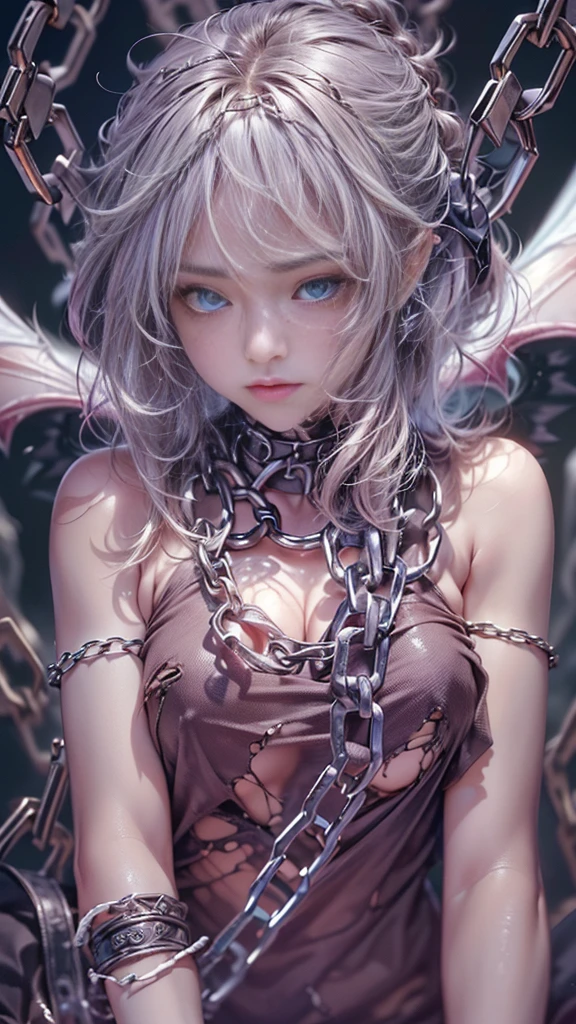 (RAW shooting:1.5, realistic:1.5, fractal art:1.5, 8K), (highest quality, masterpiece, ultra high resolution), Demonic world, Underground prisons, ((perfect dynamic composition:1.7)), Highly detailed skin and facial textures:1.3, Detail of limbs, 1 girl, (Cute sexy succubus demon with big wings:1.3, beautiful and aesthetic:1.3, Wearing detailed body jewelry:1.3), prisoner of war, slave, Horn, Fair skin, open your legs, colorful, (Correctly wear heavily torn clothes off-shoulder:1.3), Huge breasts that are about to burst, Do not show areola, big chest gap, (The expression on your face when you feel intense caress, Facial expression when feeling pleasure, A look drowning in pleasure, Are crying), beautiful blue eyes, Eyes that feel beautiful eros, sexy face, blush, (Too erotic and cute:0.9, Bewitching:0.9), ((torture:1.5, Raise both arms up:1.4, Lots of chains:1.8, countless chains tangled in clothes:1.8, chain the right arm:1.2, chain the left arm:1.2, Bind the right leg with shackles and chains:1.2, Bind the left leg with shackles and chains:1.2)), (((An incomprehensible amount of liquid flows throughout the body:1.5))), super long blonde curly hair, View from the knee up