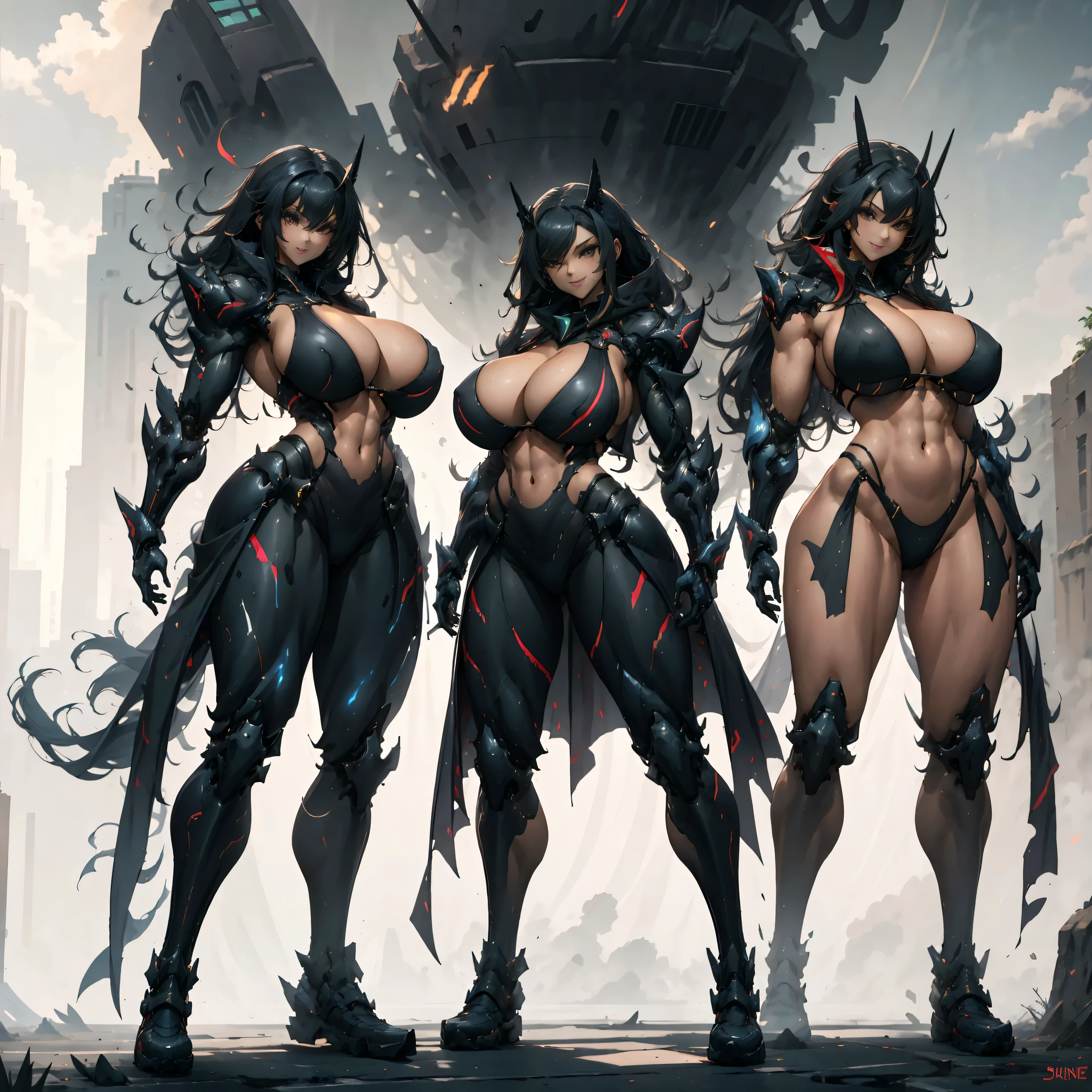 masterpiece, best quality, highres, 3girls, long hair, leggins, fitness, looking at viewer, outdoors, smile, muscular, abs, huge tits, cleavage, big butt, tanned skin, mecha suit