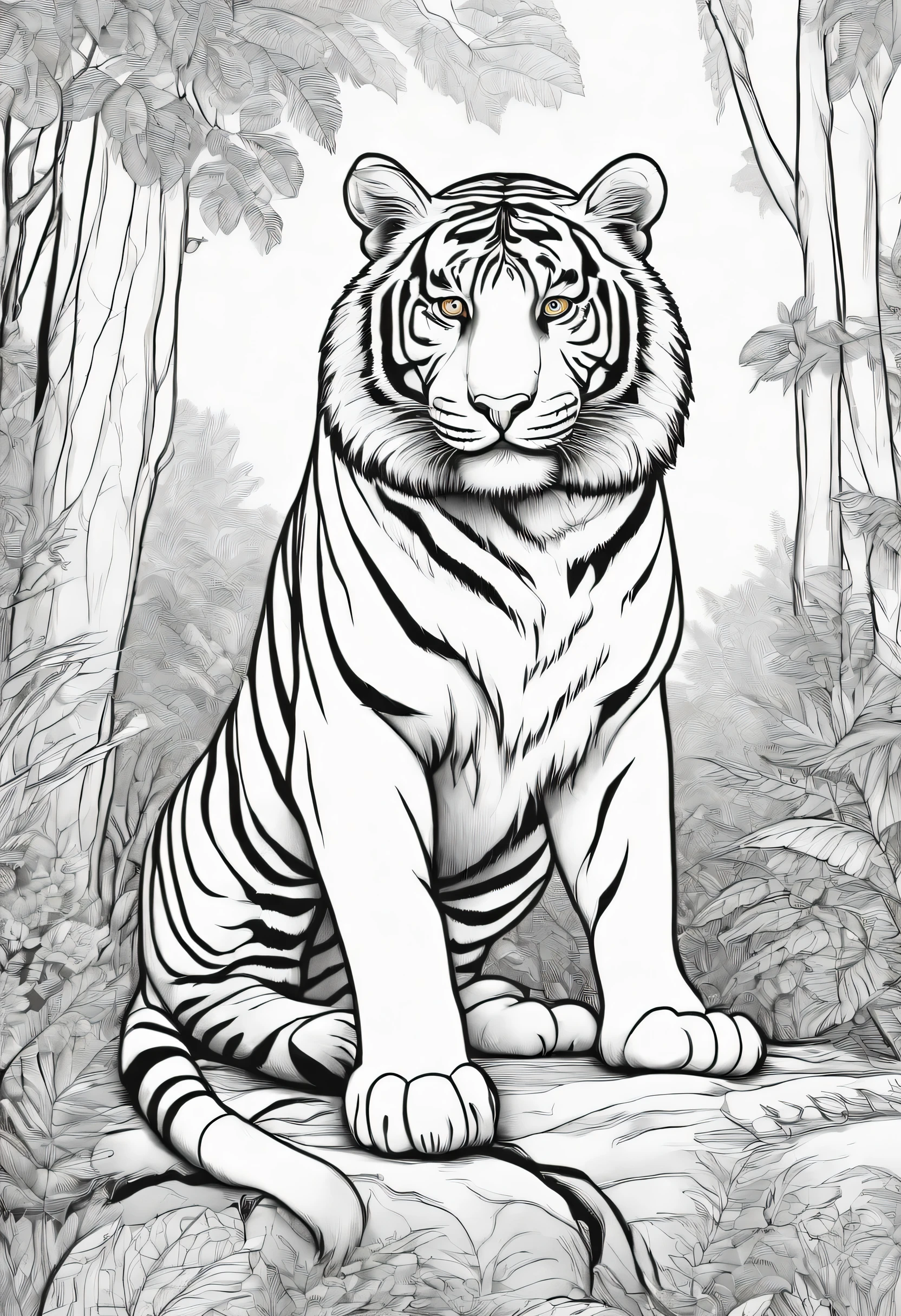 tiger in the forest coloring book, cartoon style, thin lines, no color, white background, strokes only