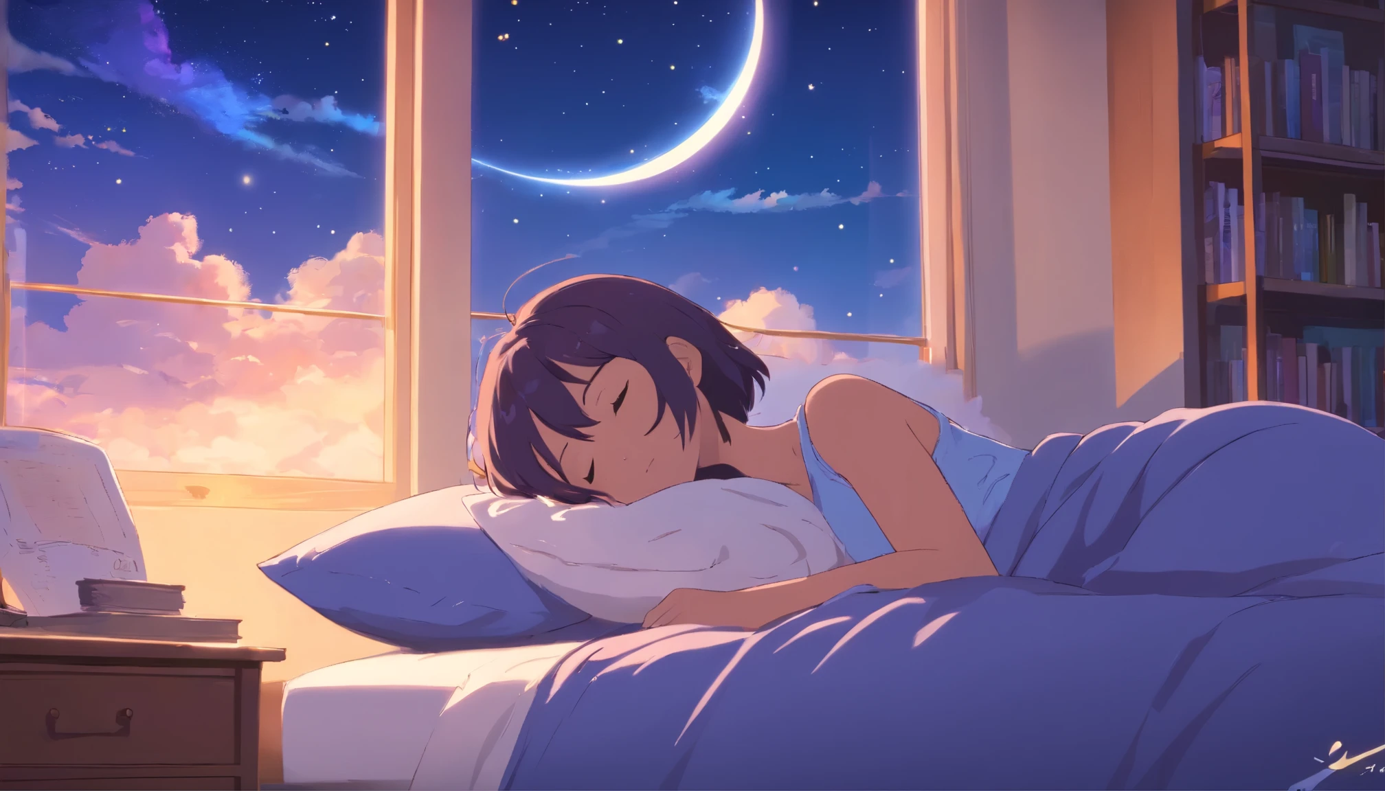 Create an image of a soothing and dreamlike sleeping scene. The focus is on a person resting peacefully on a bed, with their head on a pillow and covered by a soft, textured comforter. A contented cat is sleeping beside them, adding to the serene ambiance. The background is a starry night sky, with a crescent moon and scattered clouds, radiating a calm, nocturnal glow. The words 'Healing and Music' should be written across the sky in a gentle, whimsical font, complementing the tranquil and healing theme of the scene. The colors should be soft and comforting, with a palette of purples, blues, and subtle pinks, giving the impression of a quiet, peaceful night conducive to rest and relaxation.