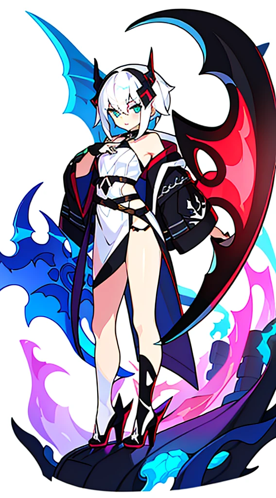  (((white background))), standing, fantasy clothes, scythe, bare legs,
