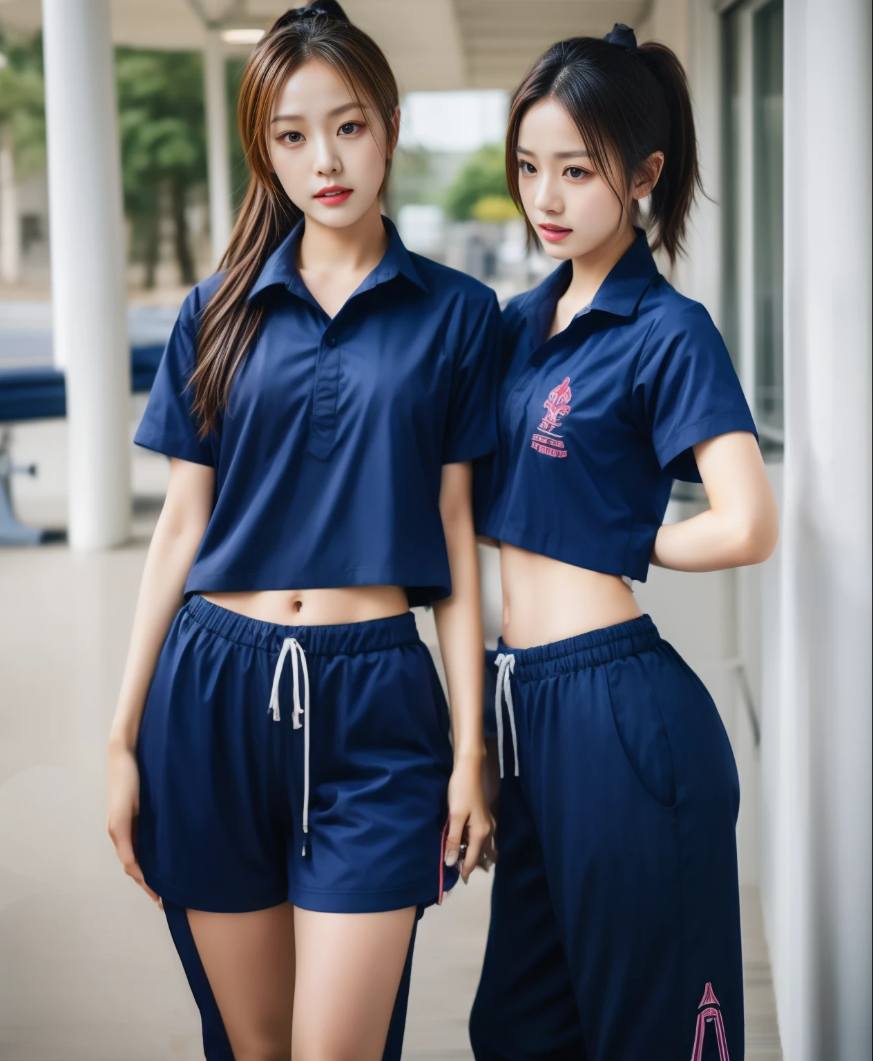 2 girls in the fitness room, Navy blue short-sleeved shirt,Navy Long Trackpant,Sweatpants, Sweatpantsขายาว,25 year old girl, lesbian, sexy, exercise clothes, wet body
