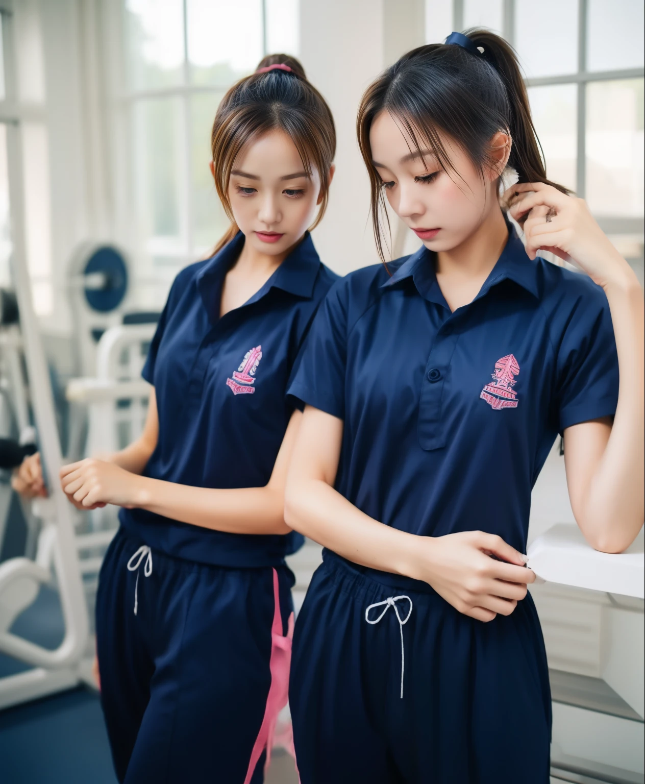 2 girls in the fitness room, Navy blue short-sleeved shirt,Navy Long Trackpant,Sweatpants, Sweatpantsขายาว,25 year old girl, lesbian, sexy, exercise clothes, wet body