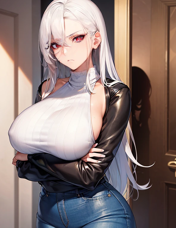 (Best quality, 4k, Masterpiece :1.3, 8k, ultra-detailed, ultra-masterpiece), mature pretty woman, ultra-detailed face, detailed lips, full lips, detailed eyes, double eyelid, wide hips, thick thighs, smooth skin, (big breasts:1.4), ((white hair)), ((red eyes)), ((thicc body)), tall, skinny jeans and a black leather jacket over a white tank top, (Looking at you with disdain), crossed arms, Stopped at the doorstep, hallway room background, door in the background, ((white sweater top)), leather jacket over it, (thicc girl, tall girl)