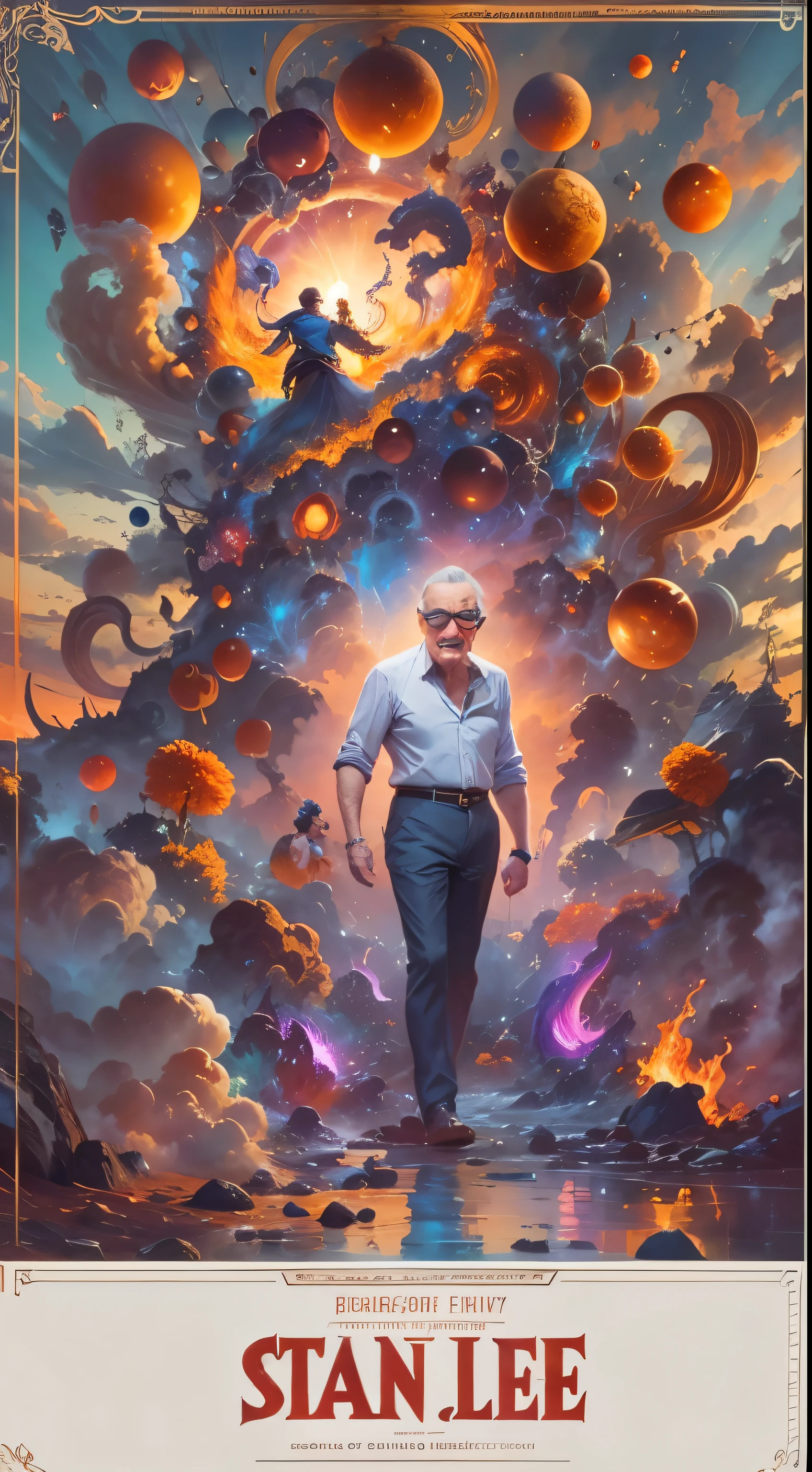 Create a fascinating visual narrative paying homage to Stan Lee's unparalleled creativity, seamlessly fusing artistic styles reminiscent of Henry Asencio and Josephine Wall. View a captivating scene where Stan Lee's visionary brilliance comes to the fore, surrounded by vibrant and dynamic elements similar to Asencio's expressive brushwork. Infuse the composition with the magical and imaginative essence characteristic of Josephine Wall's whimsical art, interweaving fantastical elements with Stan Lee's iconic legacy. Imagine a canvas that not only celebrates Lee's larger-than-life presence, but also captures the limitless universe of characters he brought to life, criando um quadro visualmente fascinante que homenageia seu legado duradouro."