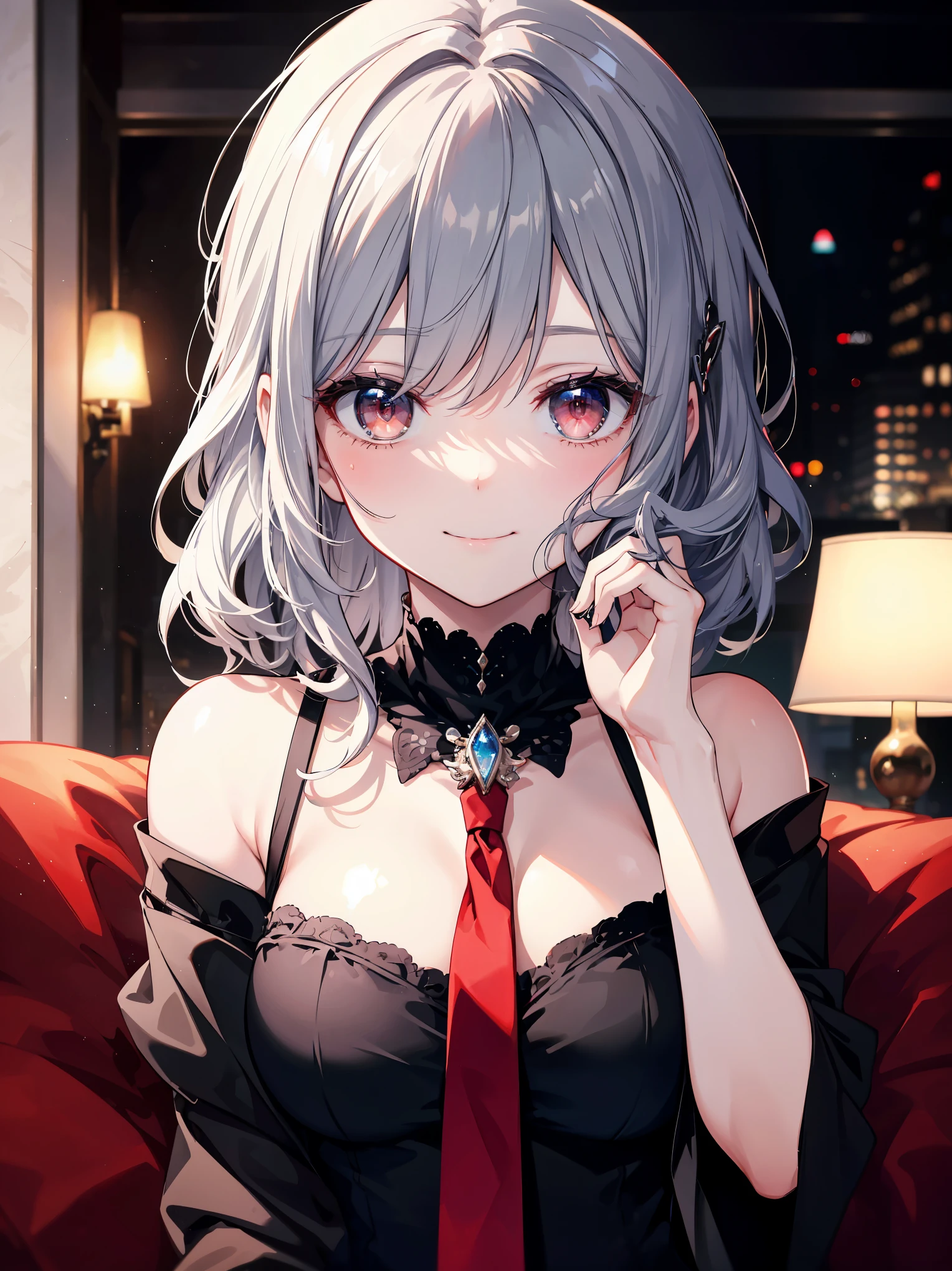 美しい女性のportrait, (black_shirt, red tie), alone, (mature woman:1.2), (clear:1.1), (Sparkling red eyes), fine eyes, black eyeshadow, (silver hair), Barrette, (wavy hair, hair), clavicle, Neck Details, (beautiful round breasts), sitting on the sofa, cinematic lighting, intricate details, indoors, portrait, looking at the viewer, Professional, HD, 8K, (disorganized:1.2), super detailed, (masterpiece, highest quality), Bright colors, Bokeh, High focused, Professional photography, (smile:1.2), close up of face, (detailed face)