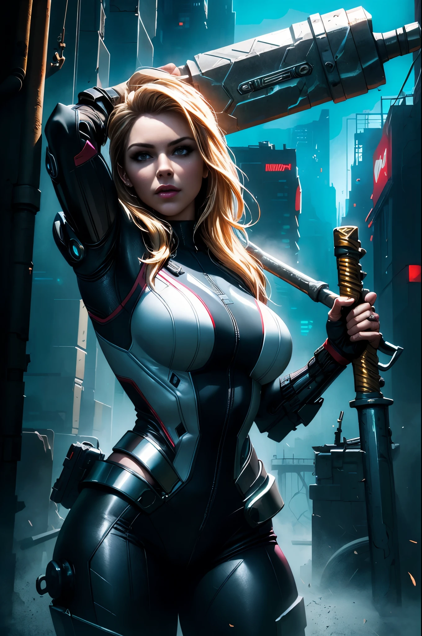 (Photorealistic:1.4) image of a cyber punk Teagan Presley (holding a huge hammer like it was Thor's) (top-quality, 8K, 32K, masterpiece), (dynamic pose), ((facing camera)), (looking at camera), cowboy shot, shapeless hair, white cyberpunk swinsuit armored clothing, depth of field f/1.8, cyberpunk city background, cinematic lighting. 8k masterpiece high quality