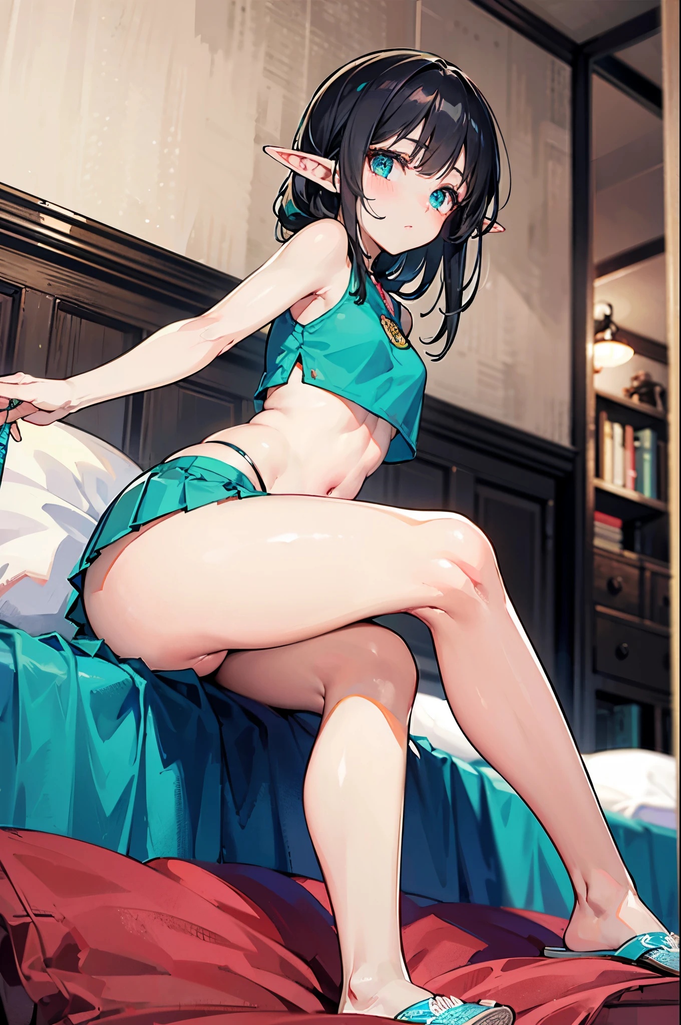 Detail image, realistic image, 1 elf. She has long black hair, beautiful turquoise eyes, has a delicate oval face, small breasts and a curvaceous body, thick thighs. she is blushing, She is wearing a crop top, pleated mini micro skirt, moccasin slippers. sitting,,, arched back, view from below. on top of a bed, bottom of a room.