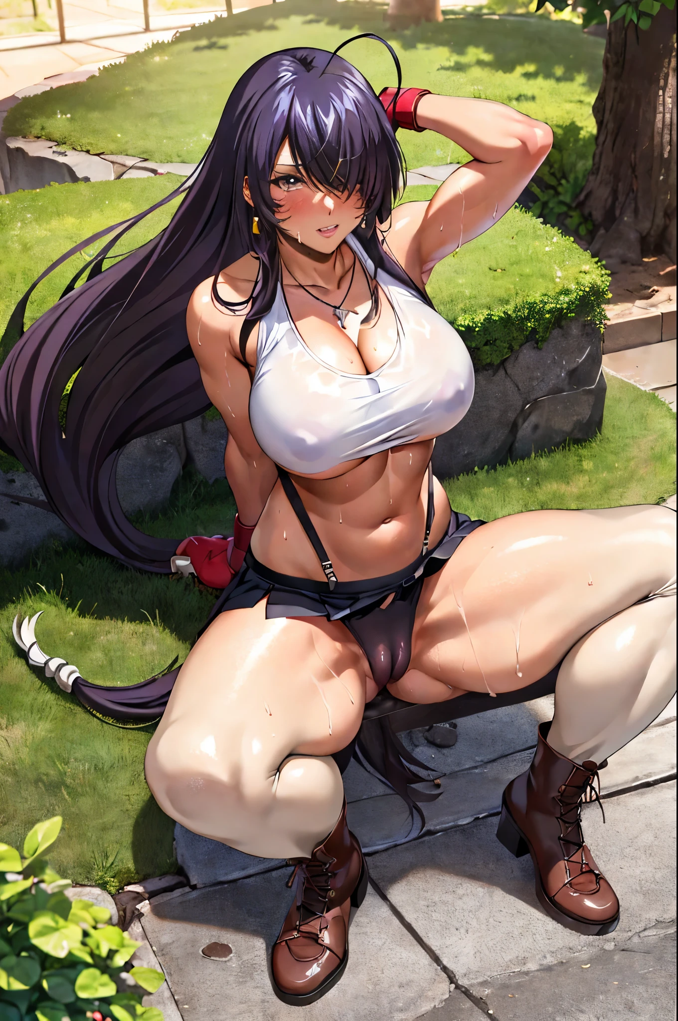 unparalleled masterpiece, 8k, high quality,perfect artwork, outdoor, 1girl,18yo,muscular female, kanu unchou,(Tifa Lockhart, outfit,arm guards, bare shoulders, black mini skirt, black thighhighs, collarbone, earrings, jewelry, midriff, navel, earring, suspender skirt, suspenders, necklace,(white tank top:1.2),black socks, red boots, zettai ryouiki,), (earrings, low-tied long hair, hair over one eye:1.2), clean, beautiful face, pure face, pale skin, shiny hair, colored inner hair, detail hair, Long eyelashes, braid, (finely detailed beautiful eyes and face), hyper extreme detailed, stunning lighting effects, (sexy pose:1.3),large breasts,erected nipples,cleavage,navel,underboob,see through nipples,(micro panties,cameltoe:1.2),(red blush,embarrassment:1.2),sitting,(sweat:1.3),from below,looking down,spread legs