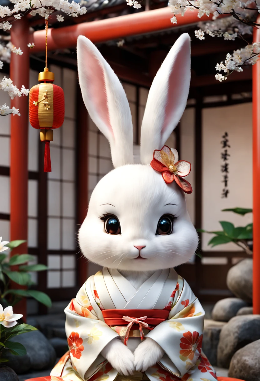 cute white rabbit3D image、wearing a kimono、thinking about something fun、brings happiness、The background is a shrine